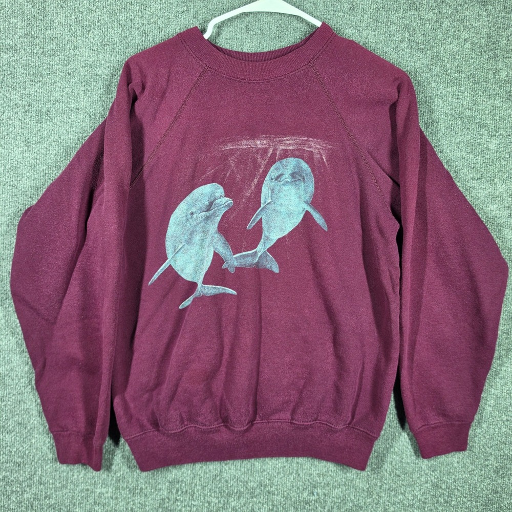 VTG Raglan Sweatshirt Unisex L Hanes Dolphin Graphic‎ Made in USA Maroon 50/50